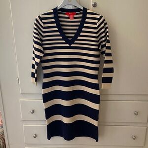 Etcetera Vintage Red Label Striped Ivory Navy Sweater Knit Dress Size Small